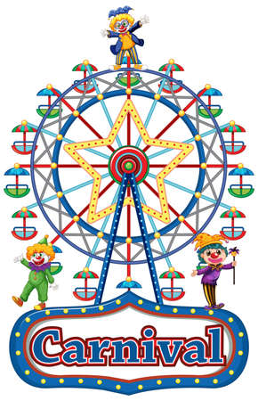 Carnival sign template with happy clowns and ferris wheel illustrationのイラスト素材