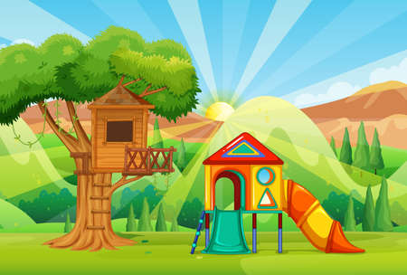 Treehouse and slides in the park illustrationのイラスト素材
