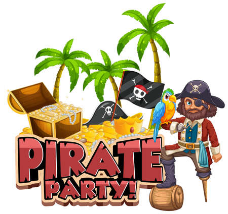 Font design for word pirate party with pirate and treasure hunt illustrationのイラスト素材
