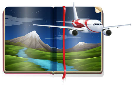 Airplane flying over the river scene in the book illustrationのイラスト素材