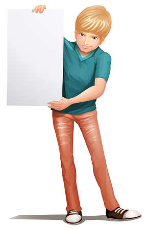 Illustration of a handsome man holding an empty board on a white backgroundのイラスト素材