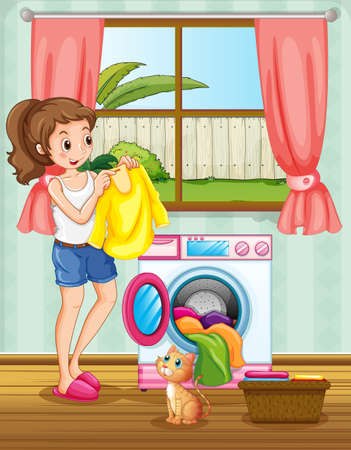 Woman doing laundry in the house illustrationのイラスト素材