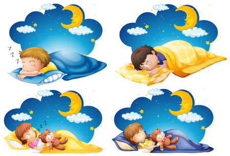 Four scenes of kid sleeping in bed at night timeのイラスト素材