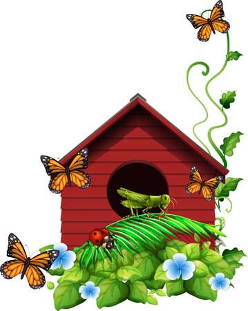 Birdhouse with flowers and insectsのイラスト素材
