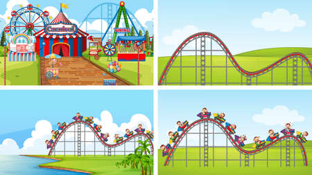 Four scenes with many rides in the fun fairのイラスト素材