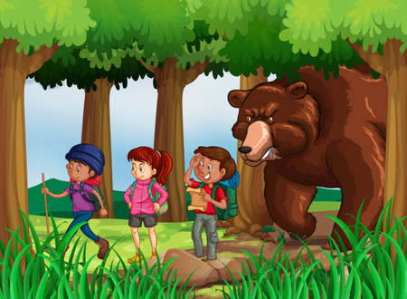 Bear chasing hikers in forestのイラスト素材