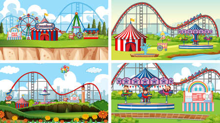 Four scenes with many rides in the fun fairのイラスト素材