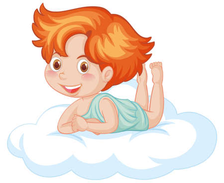 Cute boy on the floating cloud smiling illustrationのイラスト素材