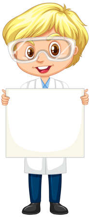 Boy in science gown holding paper on white background illustrationのイラスト素材