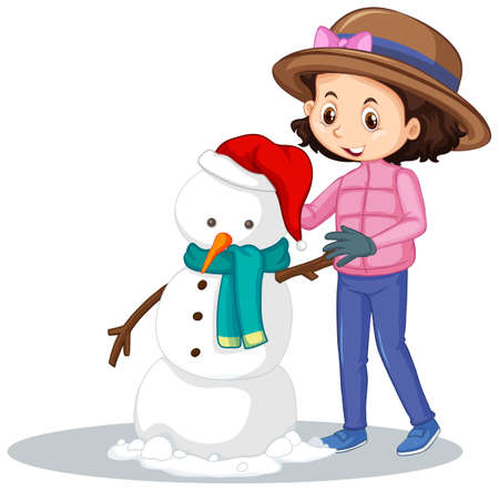 Girl making snowman on isolated background illustrationのイラスト素材