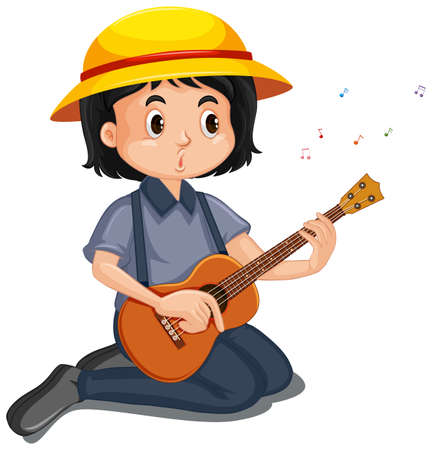 Happy girl playing ukulele on white background illustrationのイラスト素材