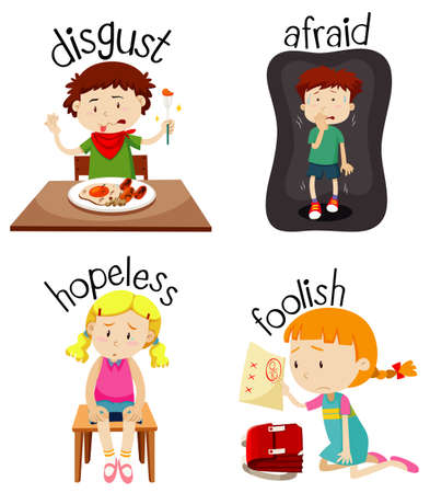 Set of children doing activities with adjectives illustrationのイラスト素材