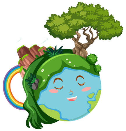 Happy earth with green plants and mountain illustrationのイラスト素材
