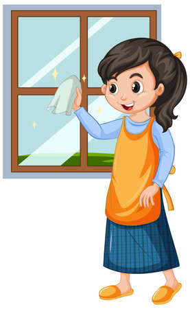 Girl cleaning window on white background illustrationのイラスト素材
