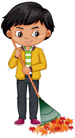 Happy boy raking leaves on white background illustrationのイラスト素材