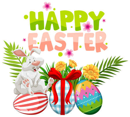 Easter poster design with white rabbit and painted eggs illustrationのイラスト素材
