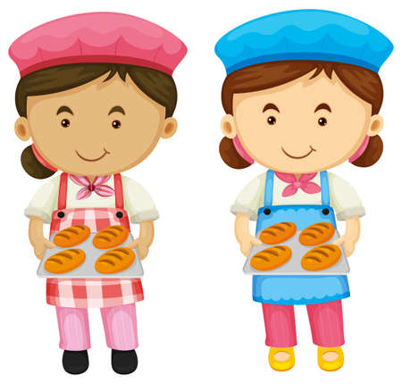 Two bakers holding tray of bread illustrationのイラスト素材