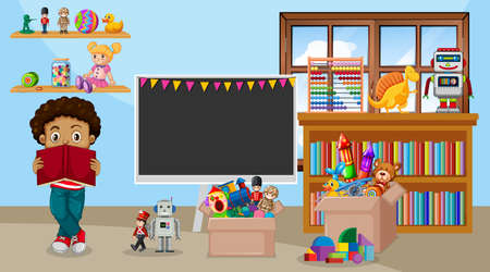 Scene with boy reading book in the room illustrationのイラスト素材