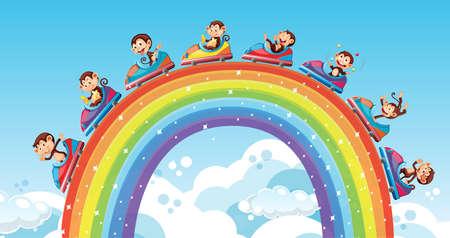 Scene with happy monkeys riding cars over the rainbow illustrationのイラスト素材