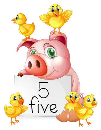 Pig and five little chicks illustrationのイラスト素材