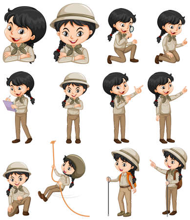 Set of happy girl in safari outfit doing different things illustrationのイラスト素材