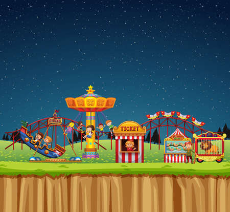 Circus scene with people on the rides at night illustrationのイラスト素材