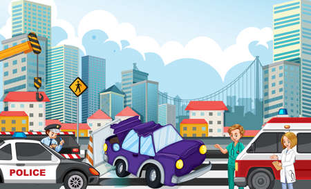 Accident scene with car crash on highway illustrationのイラスト素材