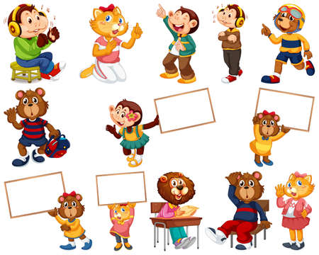 Animals in human poses on white isolated background illustrationのイラスト素材