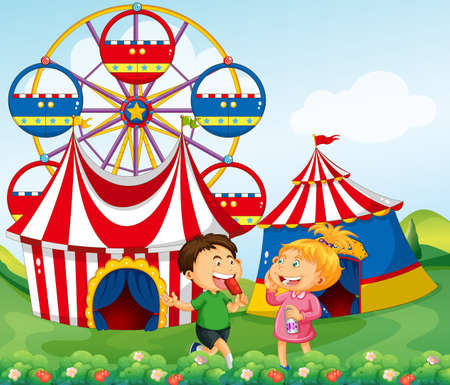 Boy and girl enjoying circus illustrationのイラスト素材