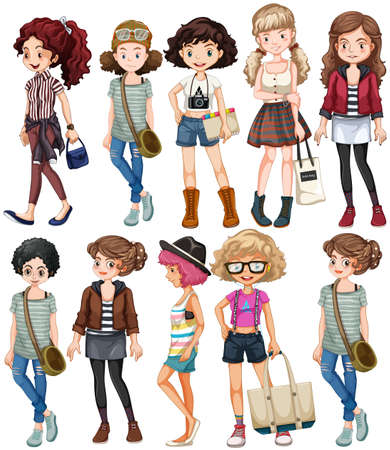 Girls in different clothings illustrationのイラスト素材