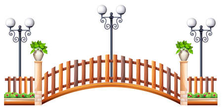 Bridge with wooden fence and lamp illustrationのイラスト素材