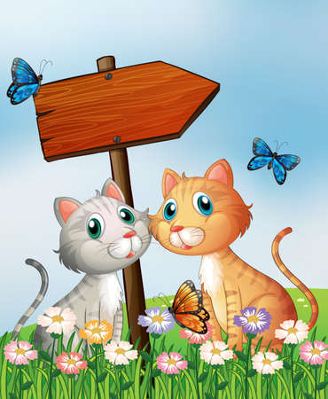 Illustration of two cats in front of an empty wooden arrow boardのイラスト素材