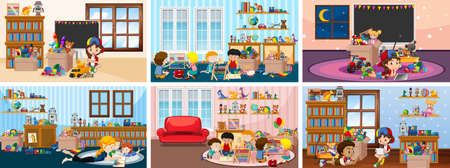 Six scenes with children playing in the room illustrationのイラスト素材