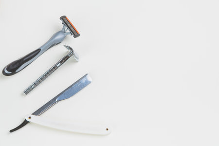 Various tools for the care of a beard and hairstyle. Scissors, razors, combs. Shaving concept. Barbershop.の写真素材