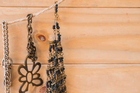 Jewelry Beadwork on wooden background. Top view.の写真素材