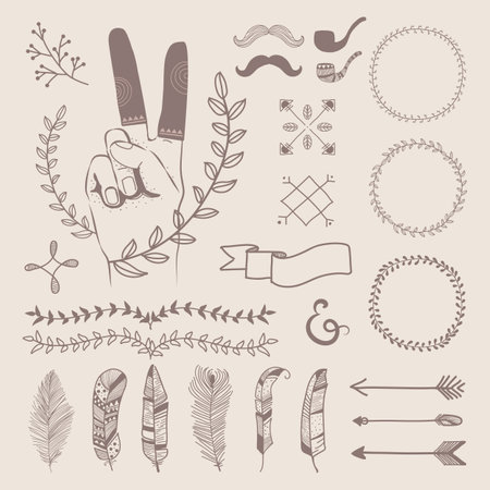 Brown hand sketched badges and banners ornaments vector setのイラスト素材
