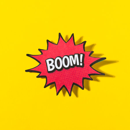 Word boom retro comic speech bubble yellow background. High quality photoの写真素材