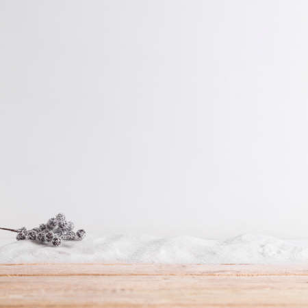 A person cross country skiing in the snow. Wood board near plant twig on heap of snow. High quality photoの写真素材