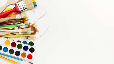 top view various brushes with color palette. Resolution and high quality beautiful photoの写真素材