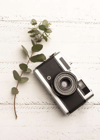 top view photo camera wooden table. Resolution and high quality beautiful photo