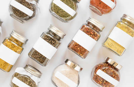 top view labeled jars arrangement. Resolution and high quality beautiful photoの写真素材