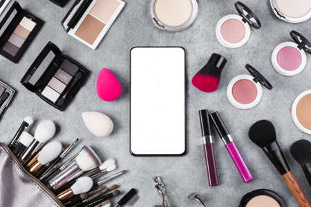 top view makeup desk concept with copy space. Resolution and high quality beautiful photoの写真素材