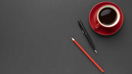 top view red cup coffee with copy space. Resolution and high quality beautiful photoの写真素材