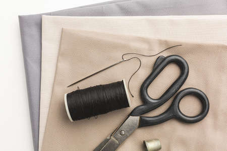 top view fabrics with scissors thimble. Resolution and high quality beautiful photo