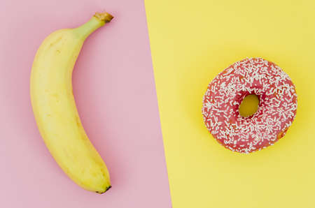 top view donut vs fruit. Resolution and high quality beautiful photoの写真素材