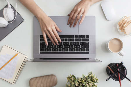 top view desk top with laptop hands. Resolution and high quality beautiful photo