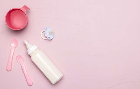 top view baby bottle with pacifier copy space. Resolution and high quality beautiful photoの写真素材