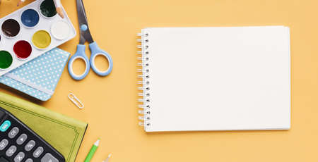 set of stationery next to sketch pad (1). Resolution and high quality beautiful photoの写真素材