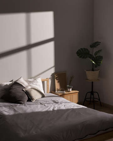 minimalistic bed with interior plant. Resolution and high quality beautiful photo