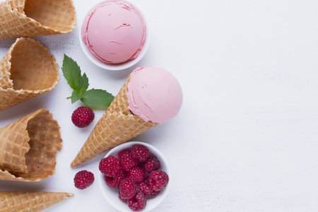 raspberries ice cream cones table. Resolution and high quality beautiful photo